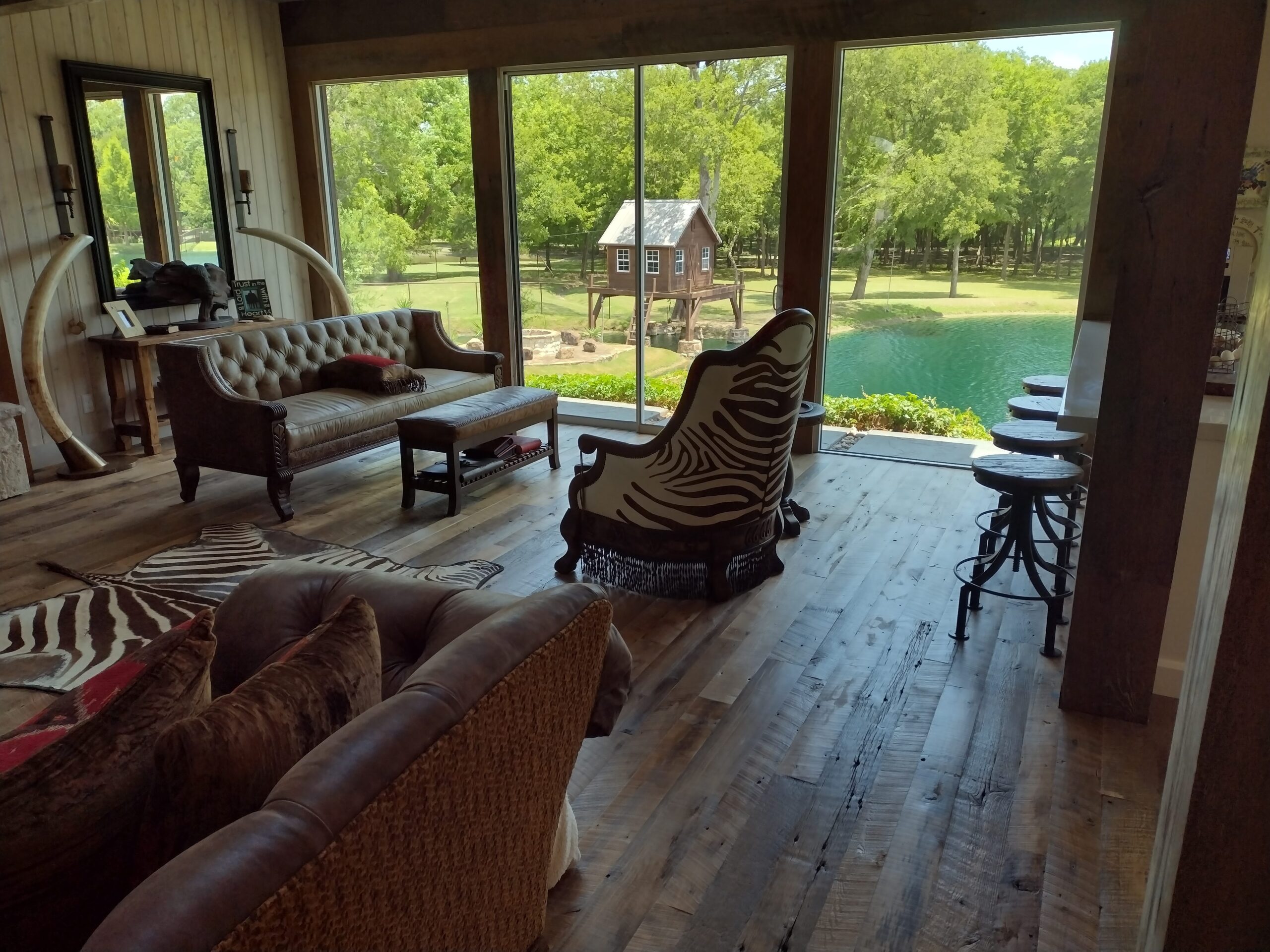 Beautiful living room with wide plank hardwood